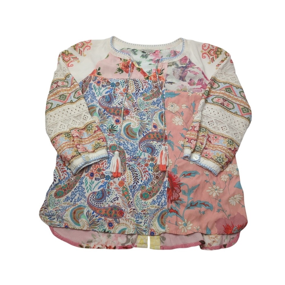 John Mark Boho Patchwork Peasant Blouse S Pink Mixed Media Lace Floral Cottage